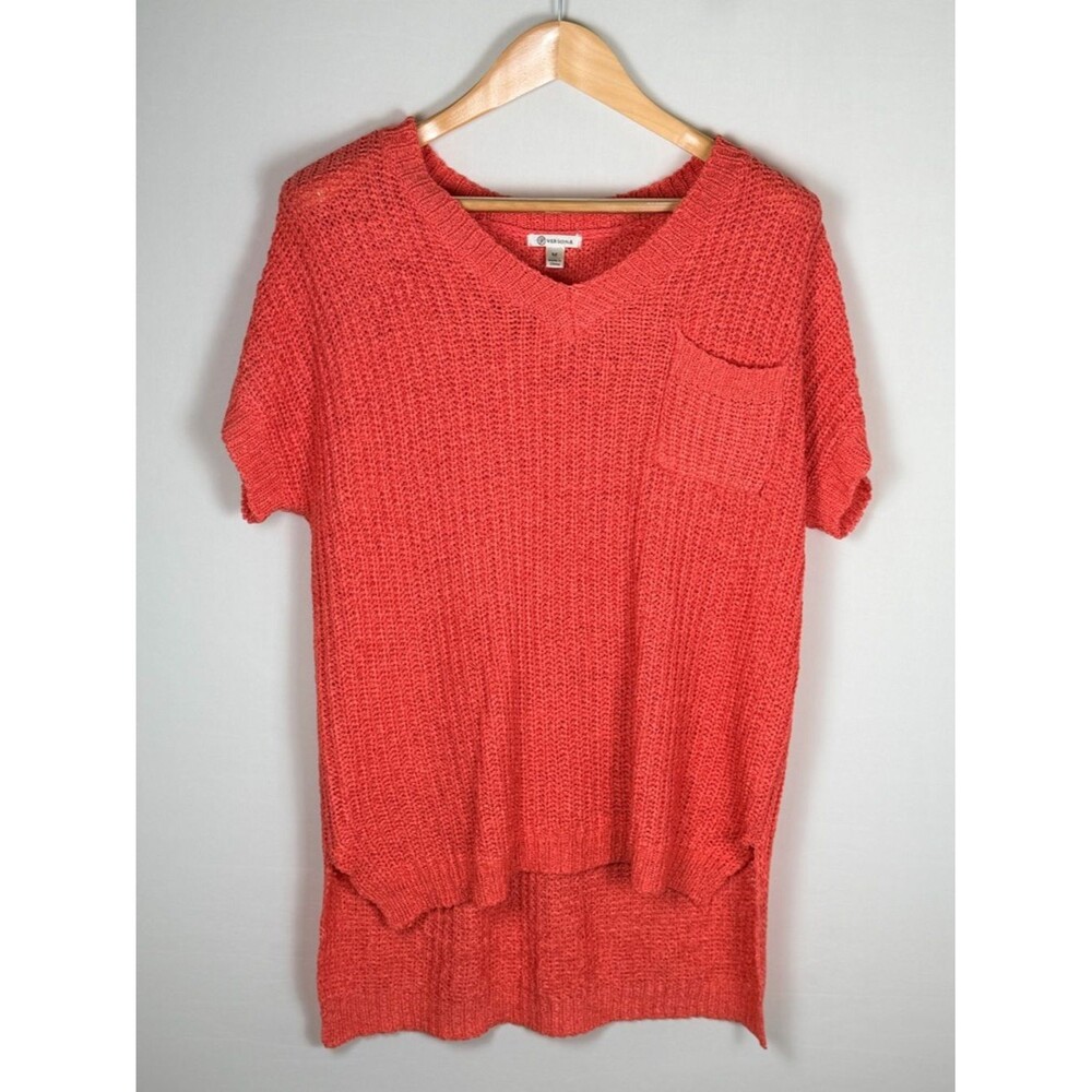 Versona Coral Knit Top Medium Short Sleeve Hi Low Lightweight Sweater Pocket